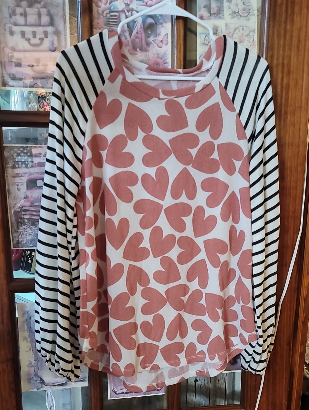 Women's Pink Heart Raglan Sweatshirt with Striped Sleeves